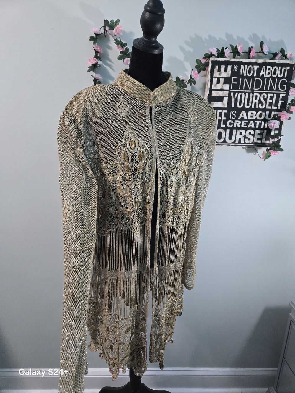 Vintage 90s French Collizioni Gold Sequin Mesh Fringe Duster Jacket 3X Rare